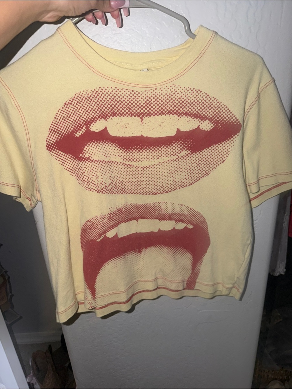 Urban Outfitters Yellow Crop Tee with Red Lip Graphic